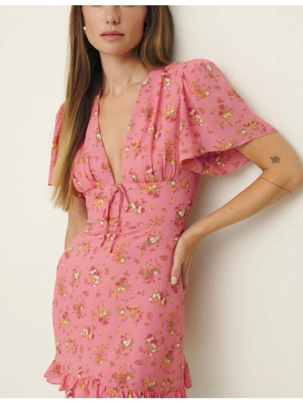 Reformation Floral Pink Short Sleeve V-Neck Dress
